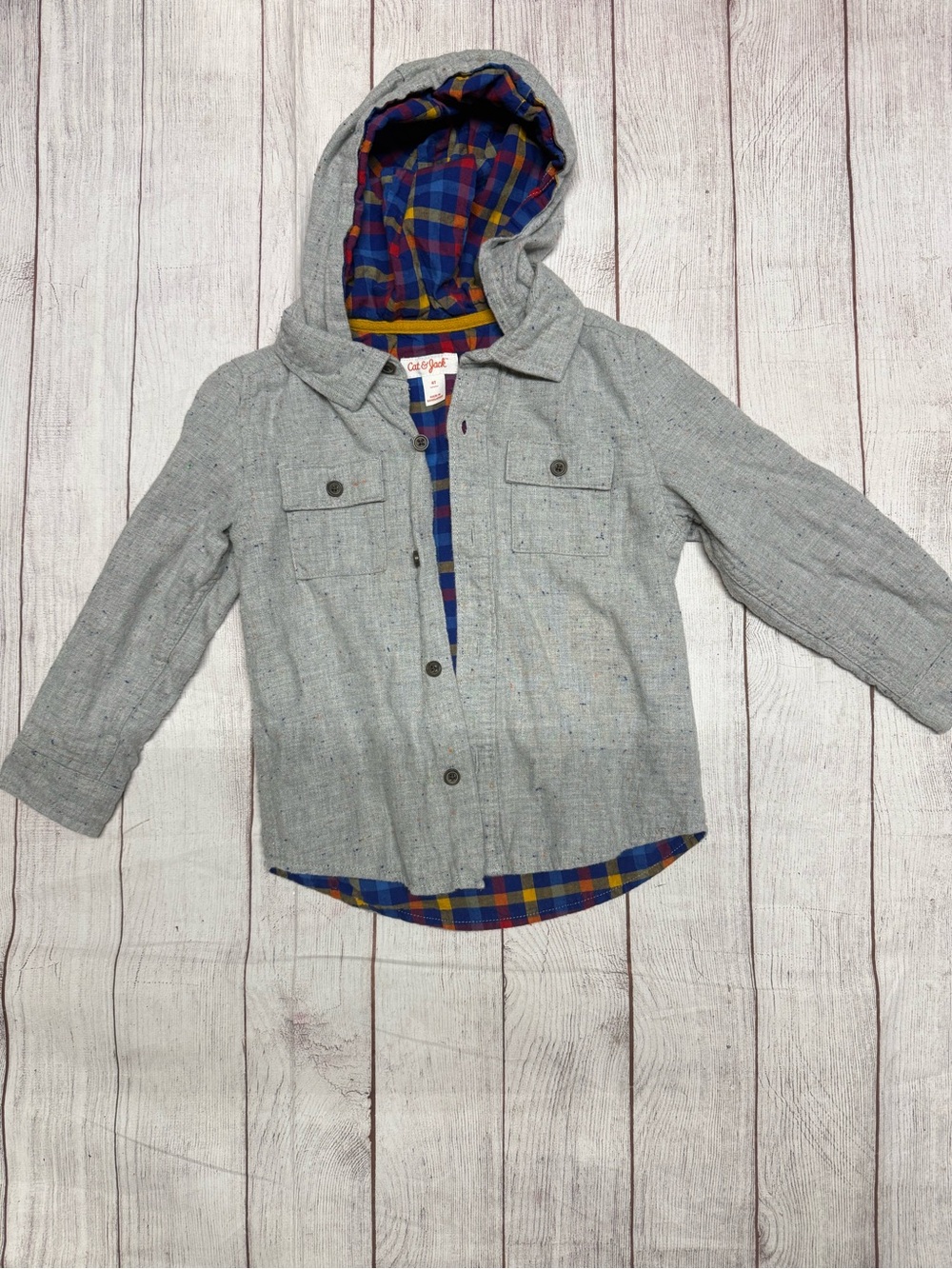 Cat & Jack Boys Gray Button-Down Shirt with Blue Plaid Lining